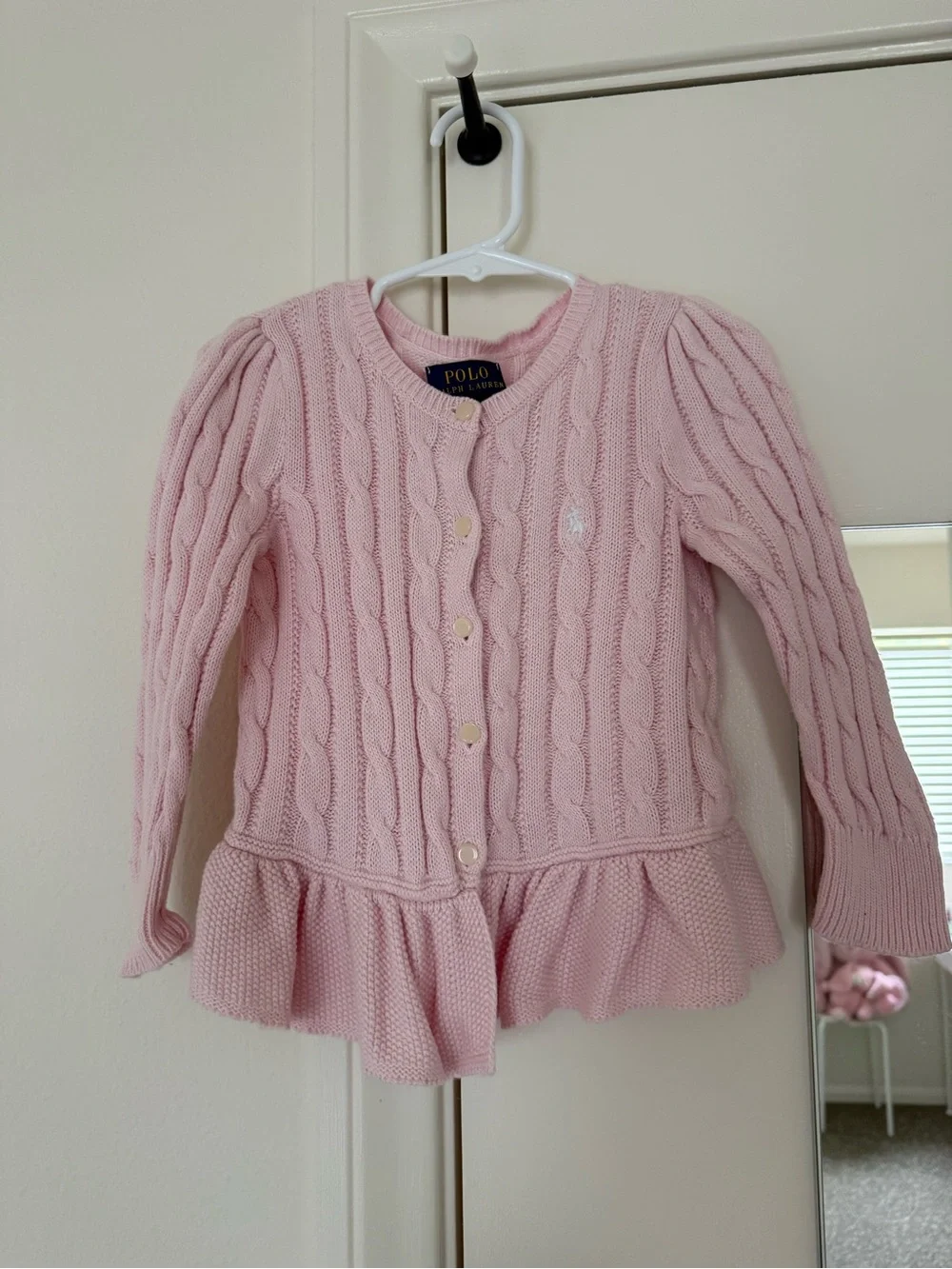 Polo by Ralph Lauren Baby Pink Cable-Knit Peplum Cardigan